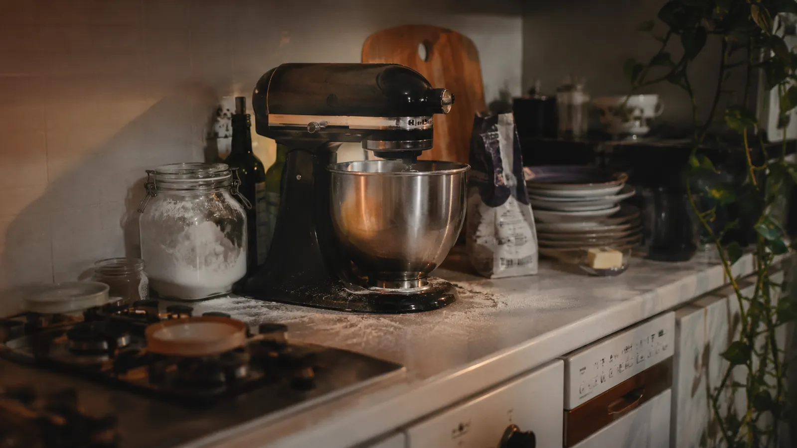 Small black stand mixer sitting on a narrow kitchen counter next to a mixing bowl of flour