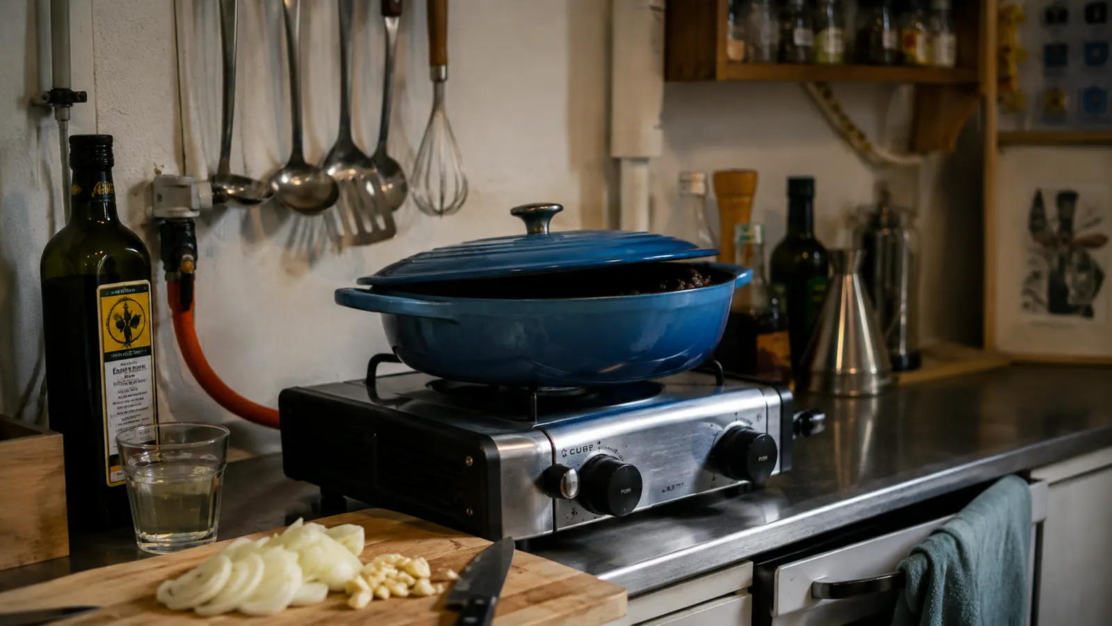 Cornflower blue enameled braiser on a small stovetop next to a cutting board of vegetables