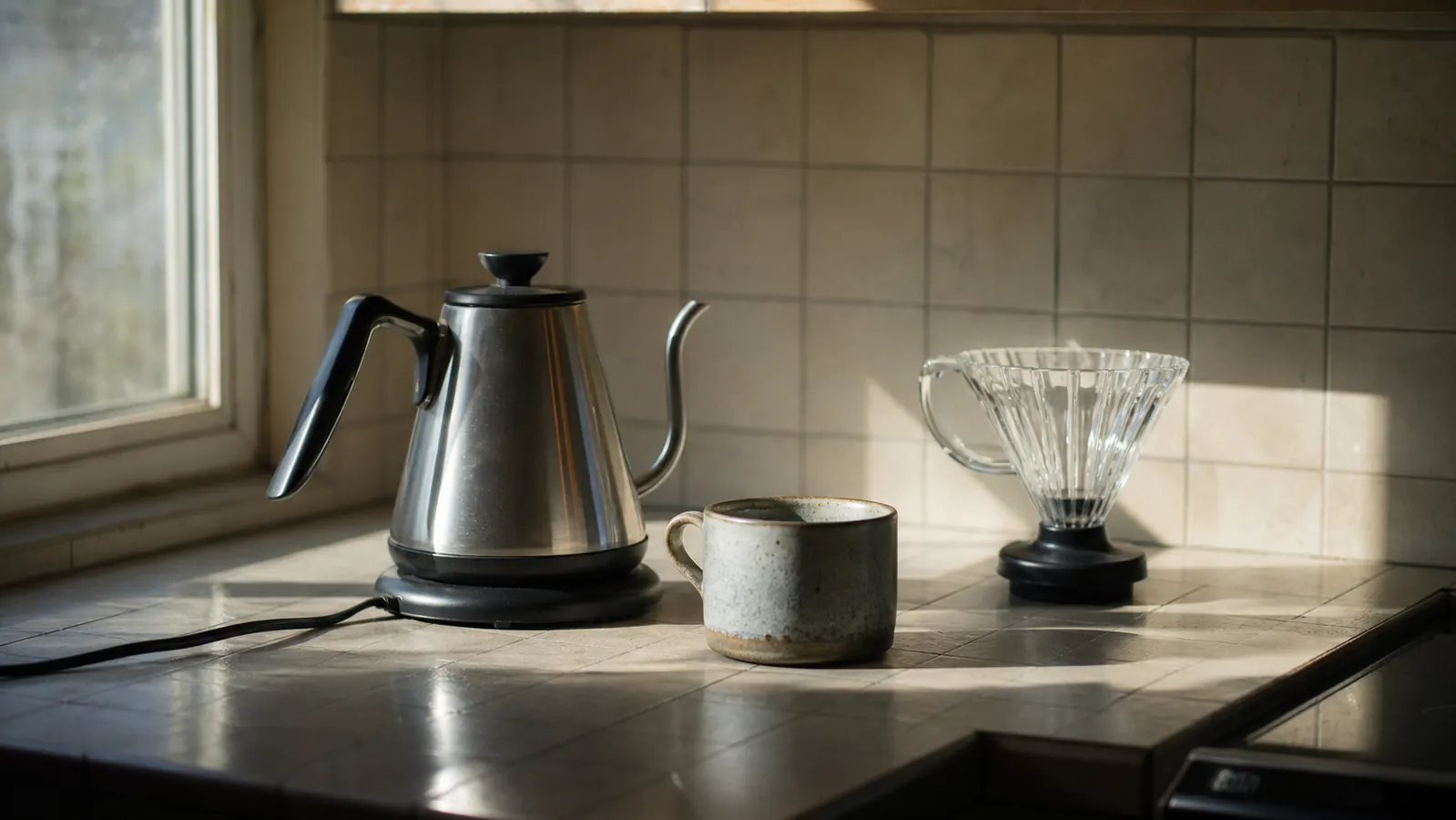 A gooseneck electric kettle sitting on a small kitchen counter in soft morning light, next to a mug and a pour-over dripper