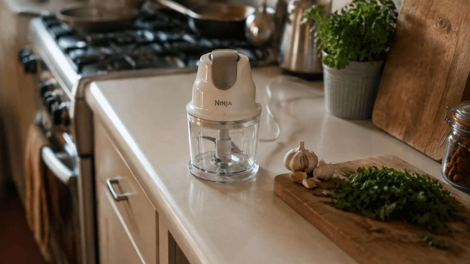 Small white Cuisinart food processor sitting on a narrow kitchen counter next to a cutting board and a bunch of parsley