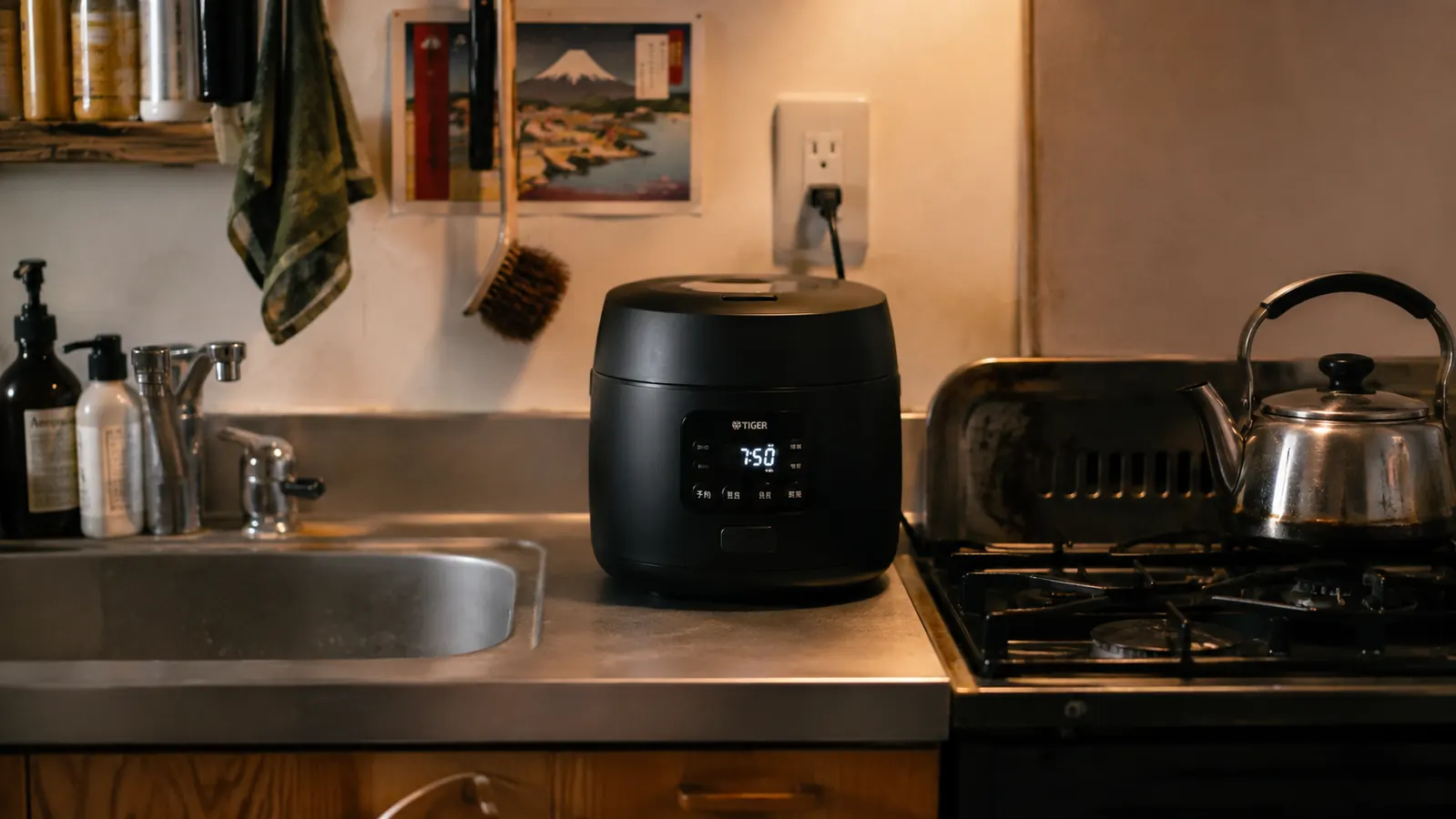Small black Dash rice cooker sitting on a narrow kitchen counter next to a cutting board