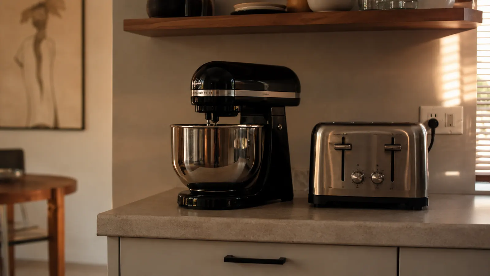 Small black compact stand mixer sitting on a narrow kitchen counter next to a toaster in warm evening light