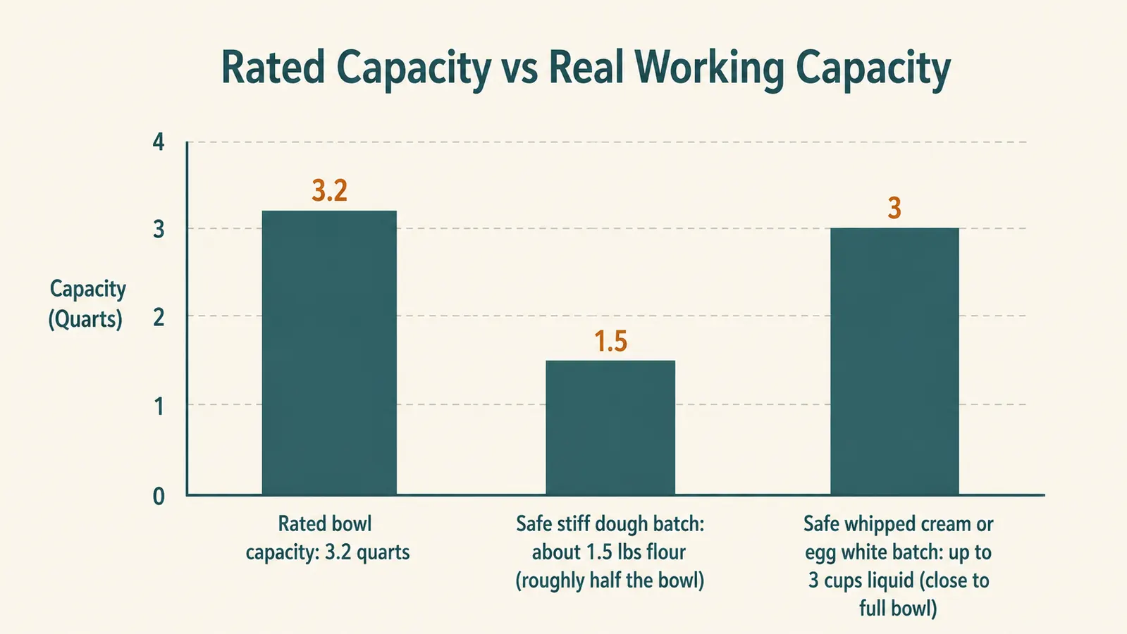 Bar chart comparing the Kitchen in the Box mixer's rated 3.2 quart bowl capacity against the practical safe fill line for stiff dough and for whipped cream