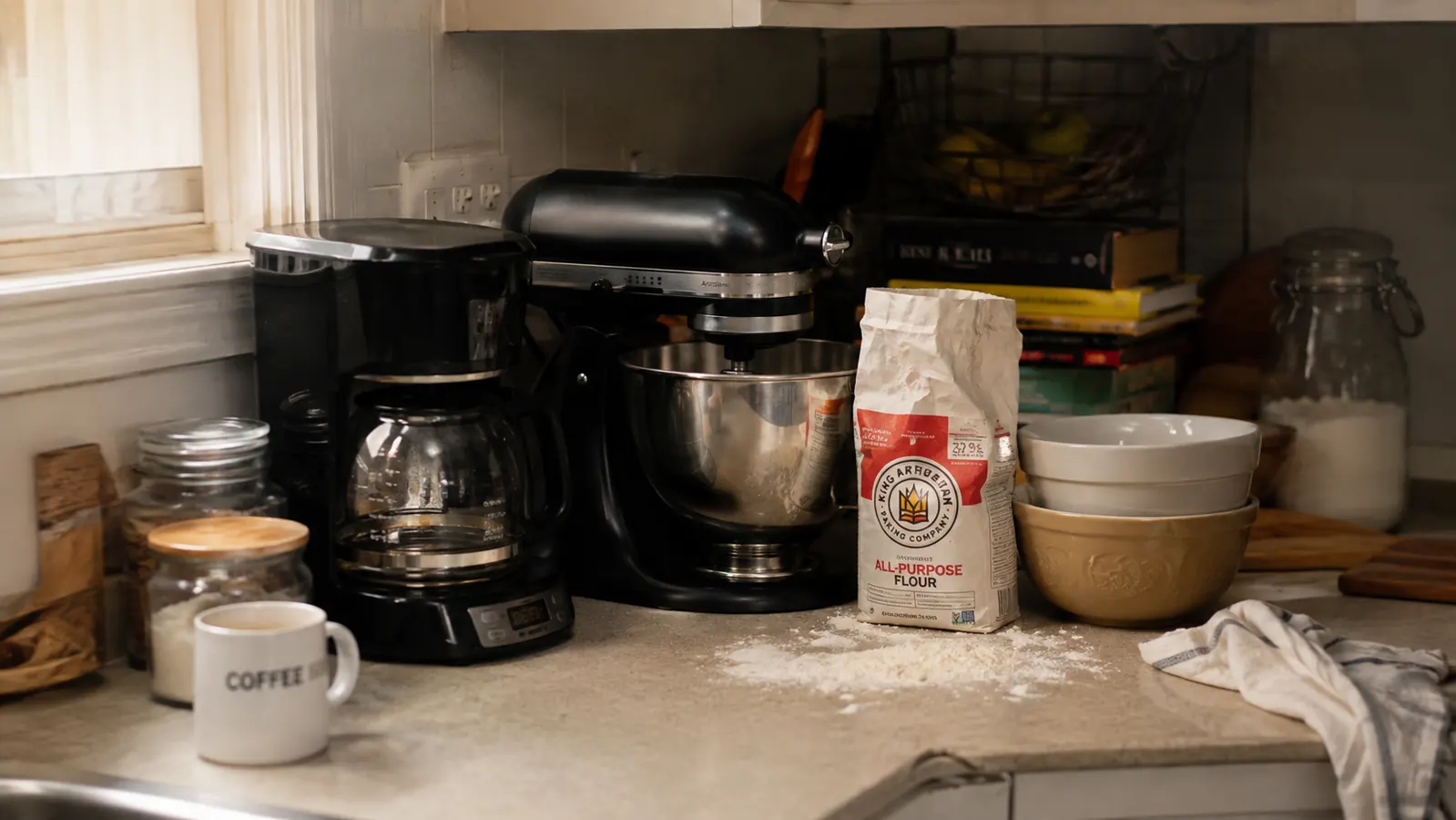 Compact black Kitchen in the Box stand mixer sitting on a crowded kitchen counter next to a bag of flour