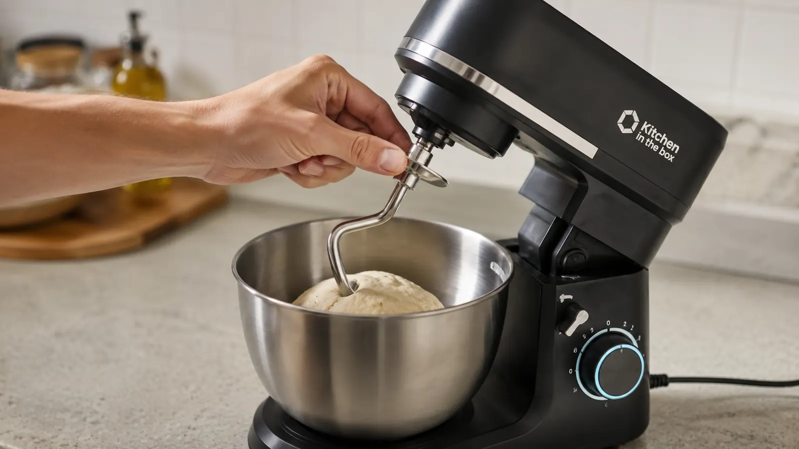 Hand attaching the dough hook to the compact stand mixer before kneading bread dough
