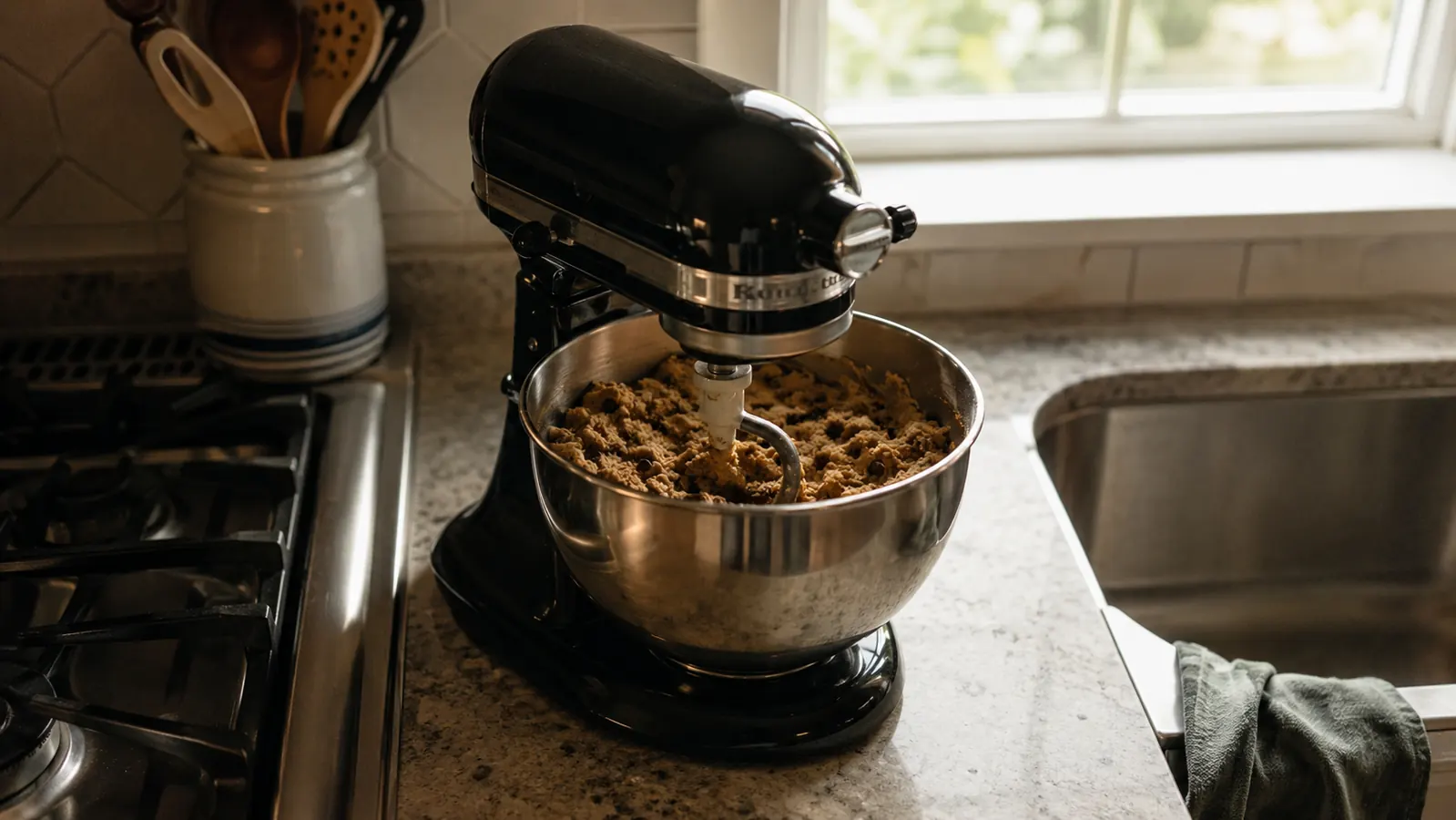 Kitchen in the Box stand mixer sitting on a narrow kitchen counter in early morning light with cookie dough in the bowl
