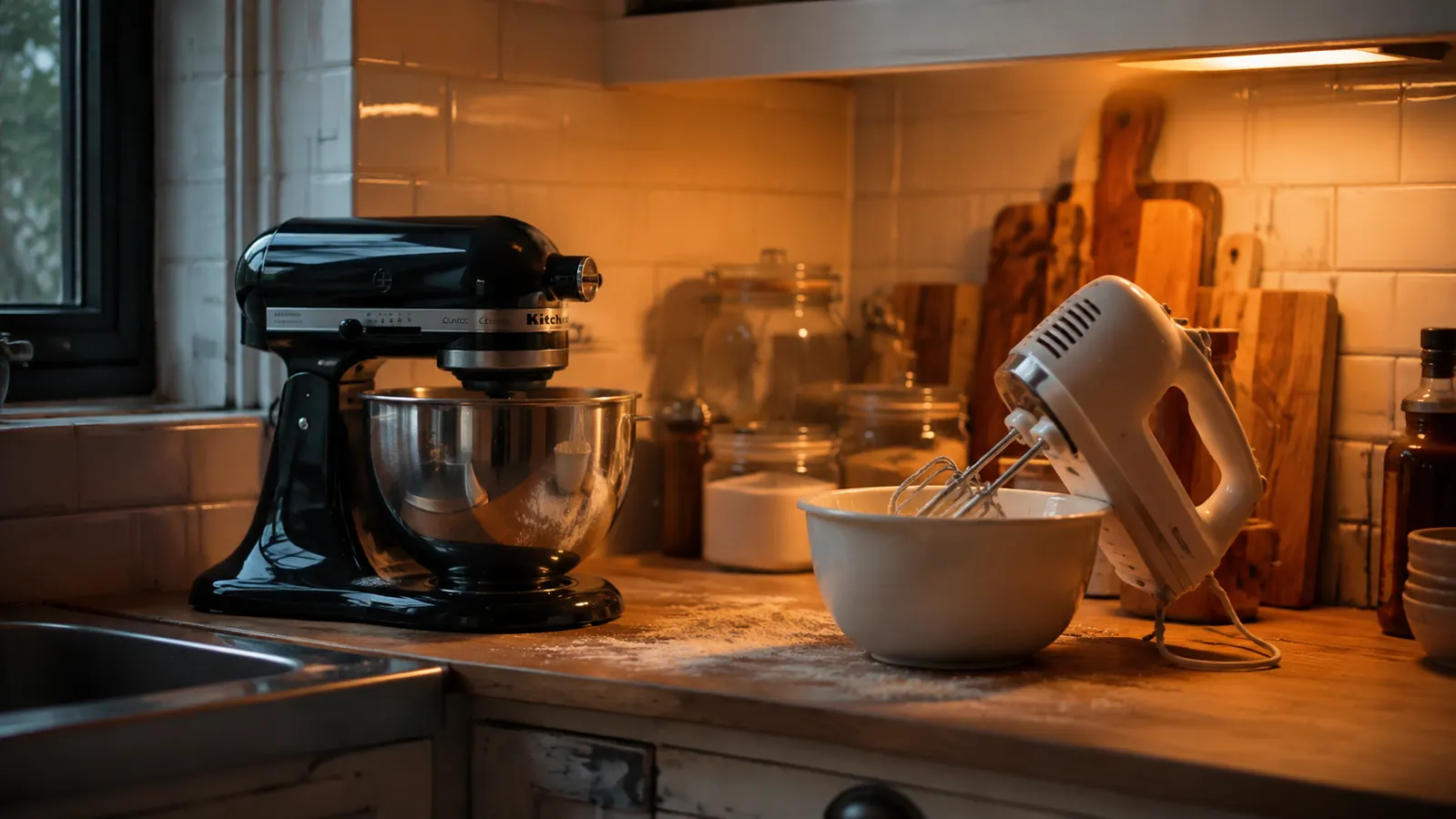 A compact stand mixer and a hand mixer sitting side by side on a small kitchen counter