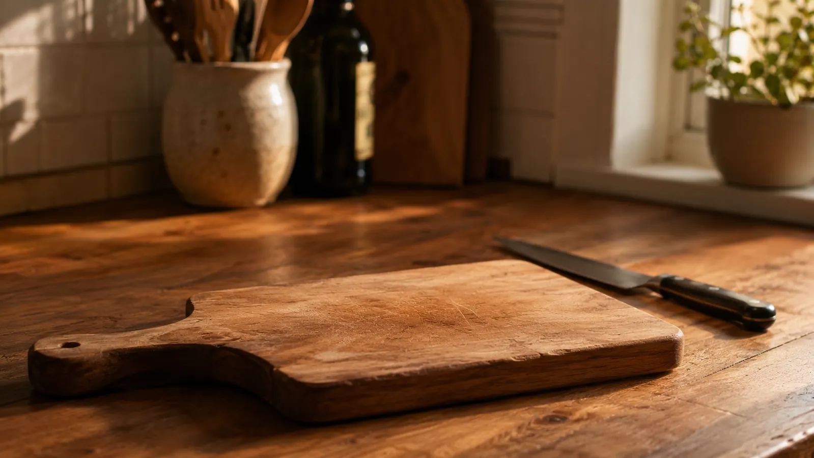 A cutting board pushed to the side of a small counter with a single knife resting unused