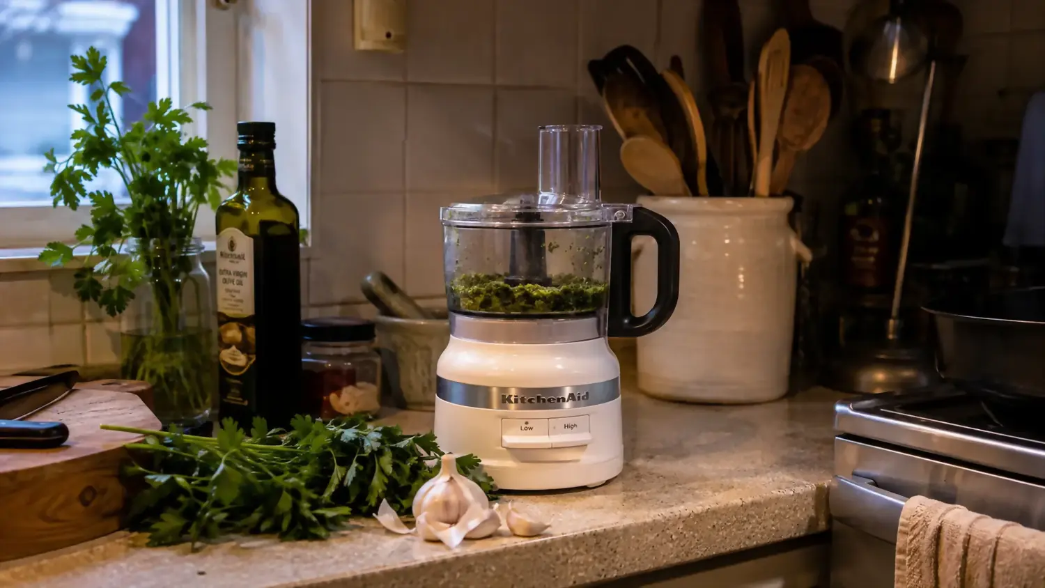 White Cuisinart Mini-Prep Plus food processor sitting on a small kitchen counter next to a cutting board and a bowl of garlic