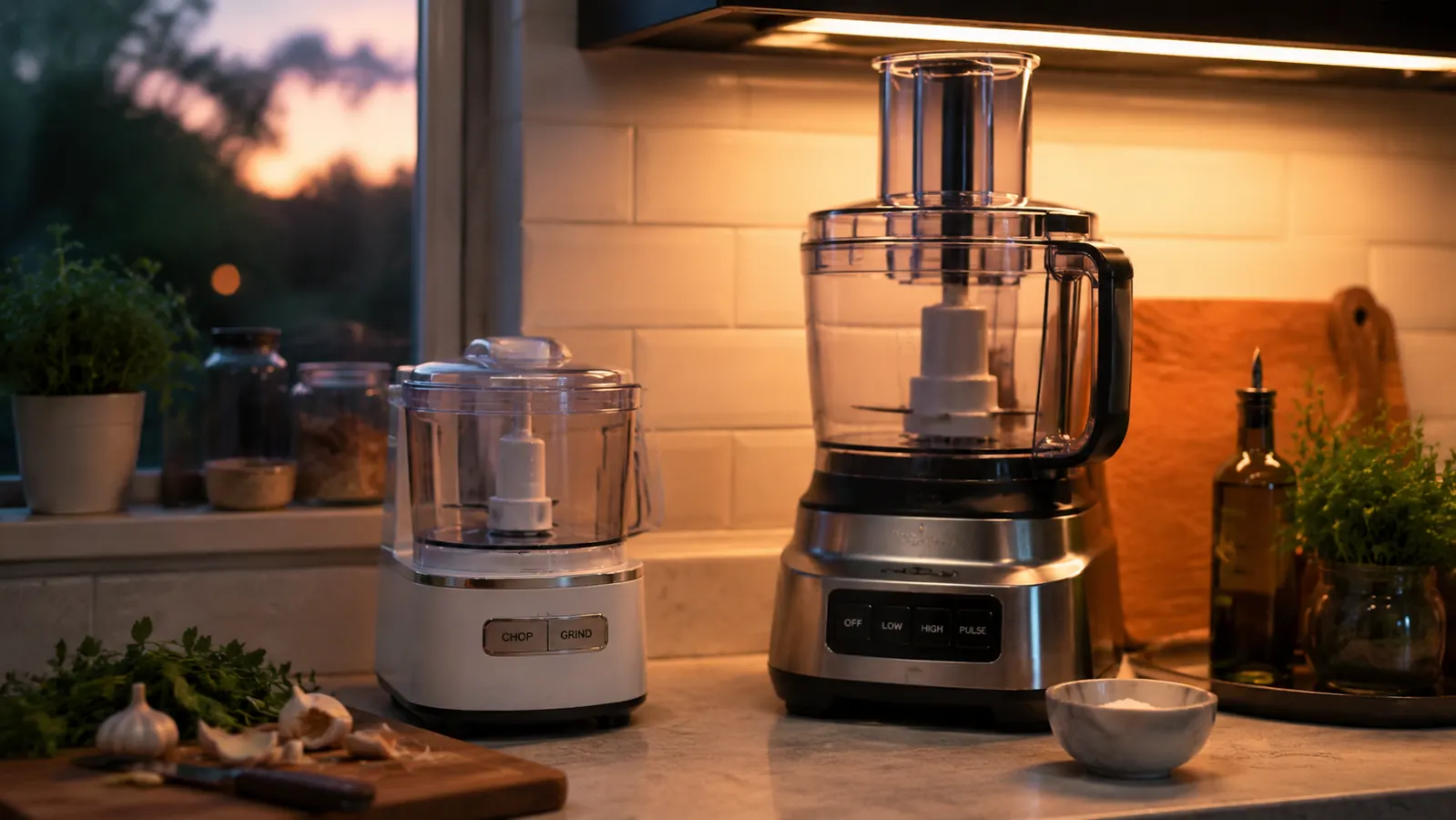 A small white food processor and a larger full-size food processor sitting side by side on a kitchen counter