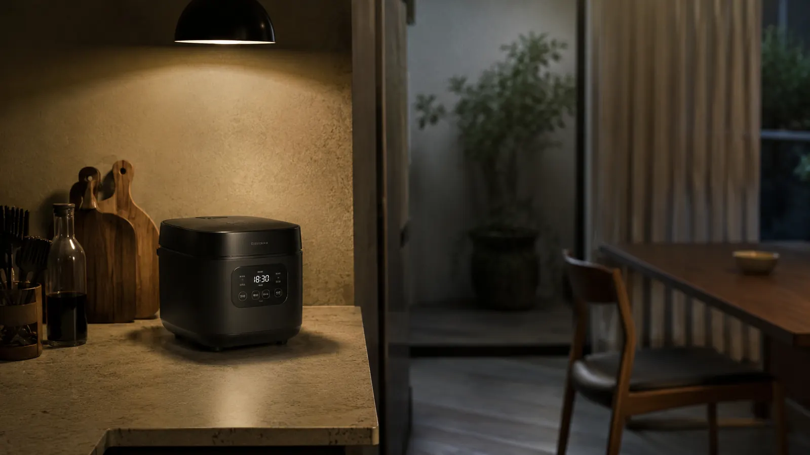 Small black Dash rice cooker sitting on a narrow counter in a dim evening kitchen