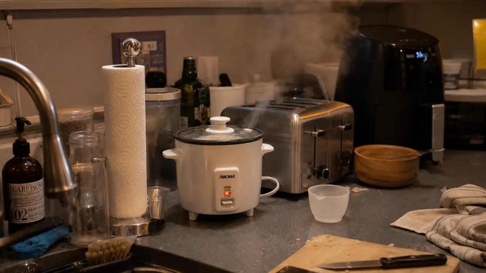 Dash Mini Rice Cooker on a cluttered kitchen counter with steam rising from the lid vent