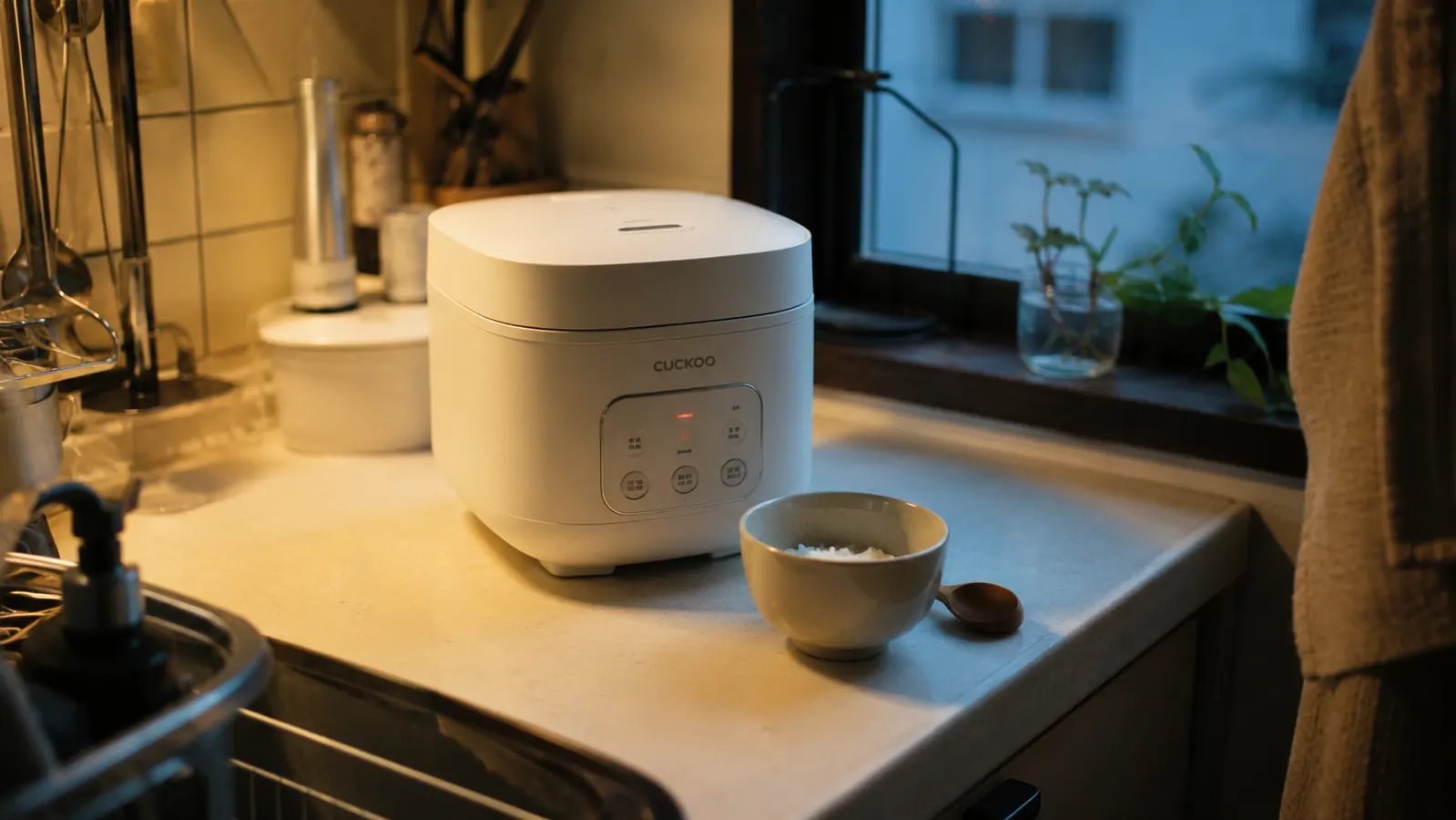 Black Dash Mini Rice Cooker sitting on a small kitchen counter with a bowl and measuring cup nearby
