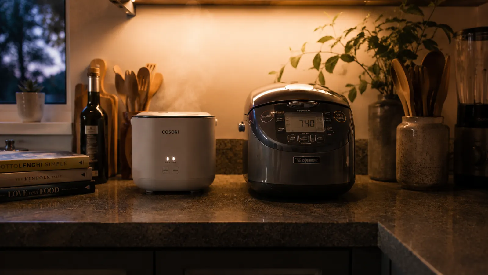 A small ceramic-pot rice cooker and a larger digital rice cooker sitting side by side on a kitchen counter