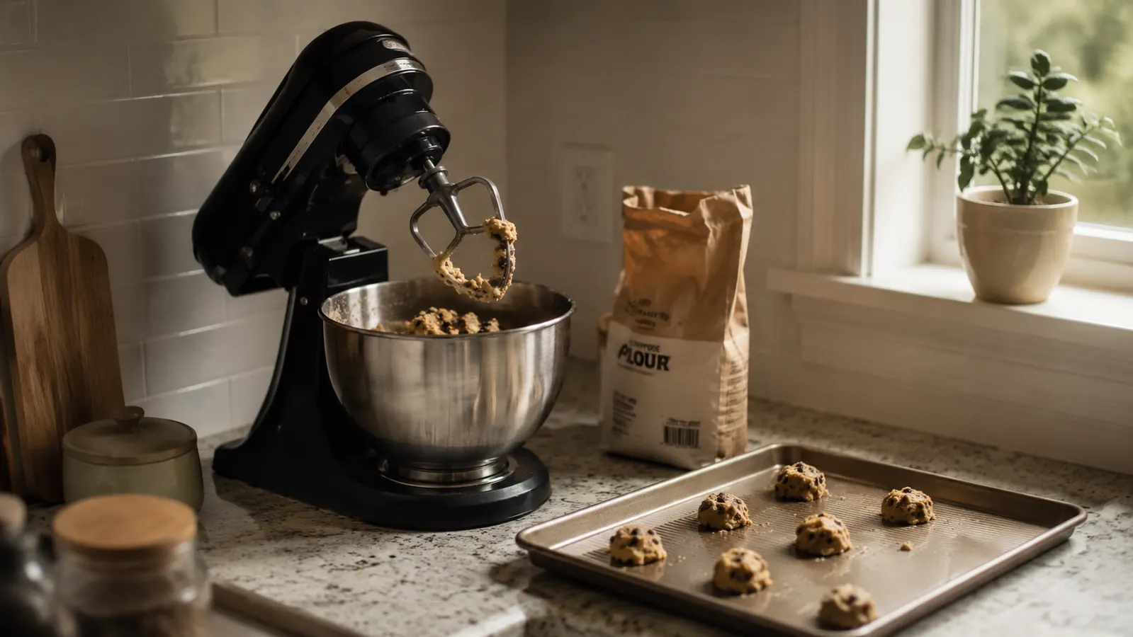 A small black stand mixer sitting on a narrow kitchen counter next to a mixing bowl of cookie dough, morning light through a window