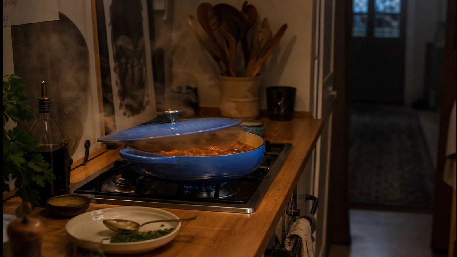 A wide enameled braiser simmering on a stovetop with the lid slightly ajar and steam rising, on a narrow kitchen counter