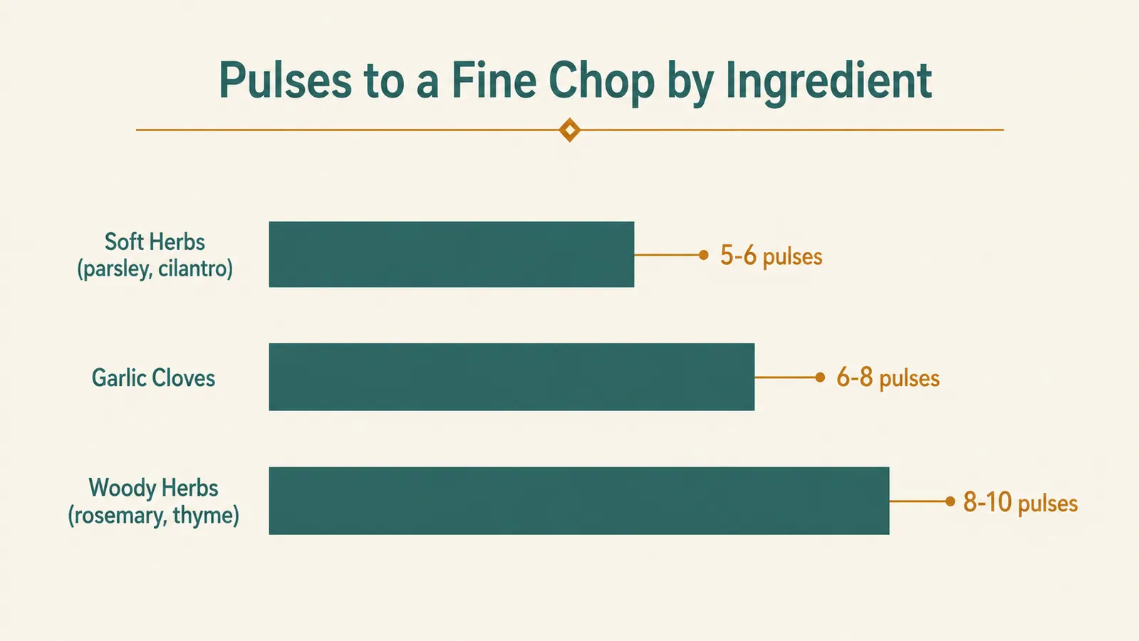 A simple chart comparing how many pulses different ingredients need for a fine chop in a mini food processor