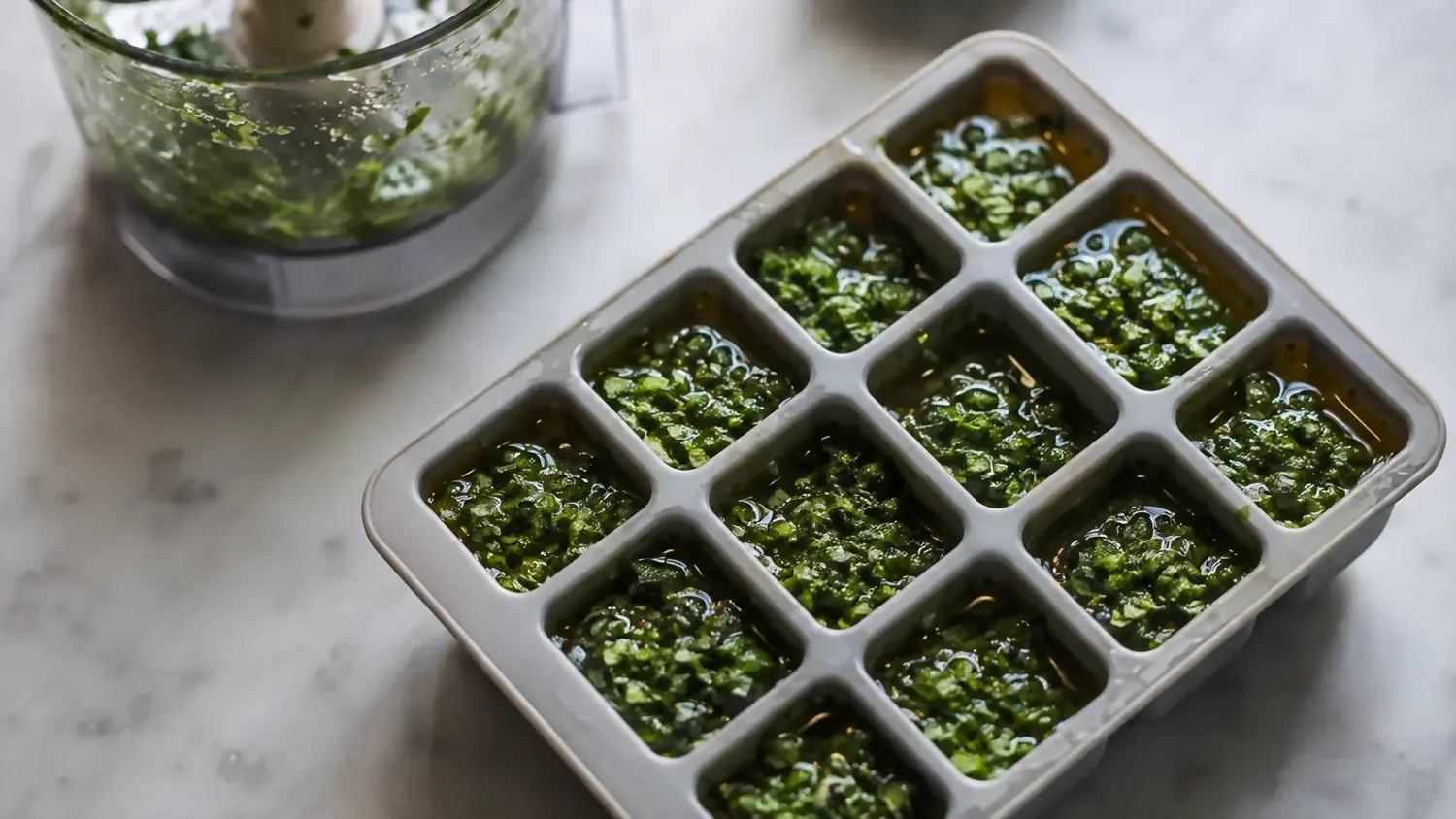 An ice cube tray filled with chopped herbs and olive oil sitting next to a small food processor on a counter
