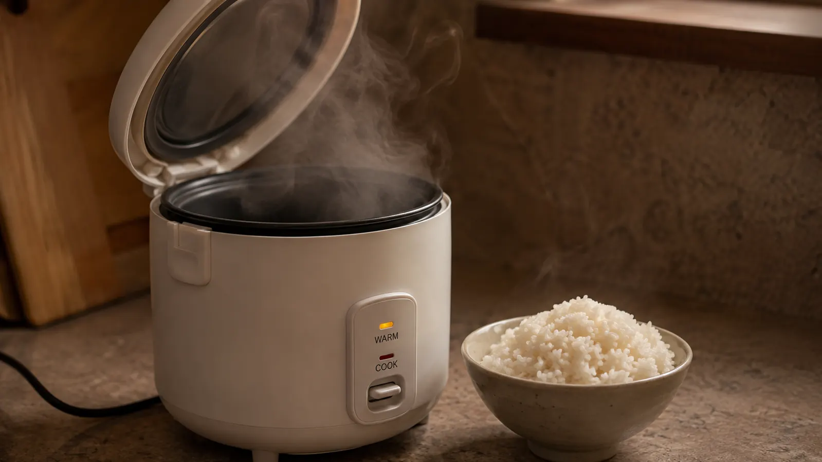 A small mini rice cooker with the lid open and steam rising above a single bowl of rice on a compact kitchen counter
