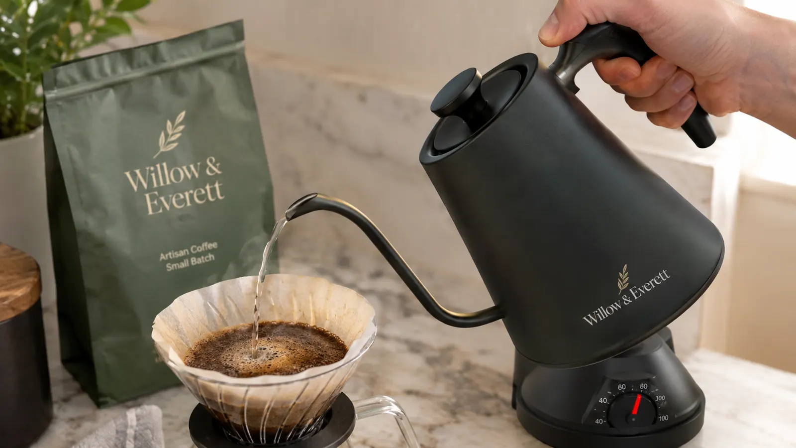 A hand tipping a gooseneck kettle to pour a narrow stream of water in a slow spiral over coffee grounds in a filter