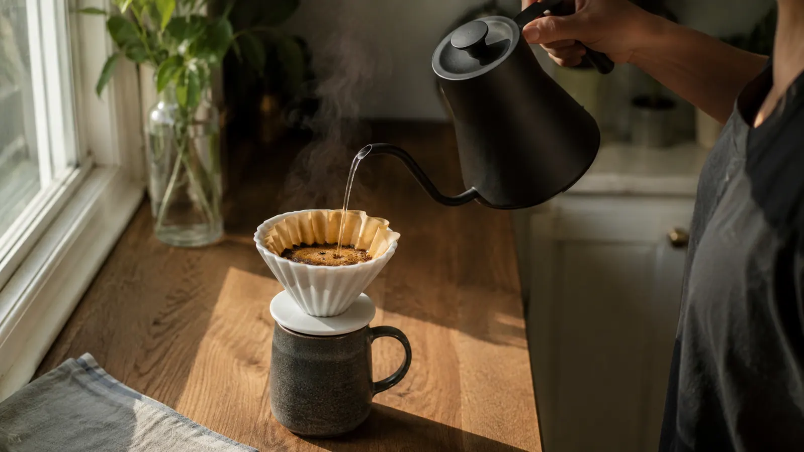 A gooseneck electric kettle pouring a thin stream of water into a pour-over dripper on a small kitchen counter