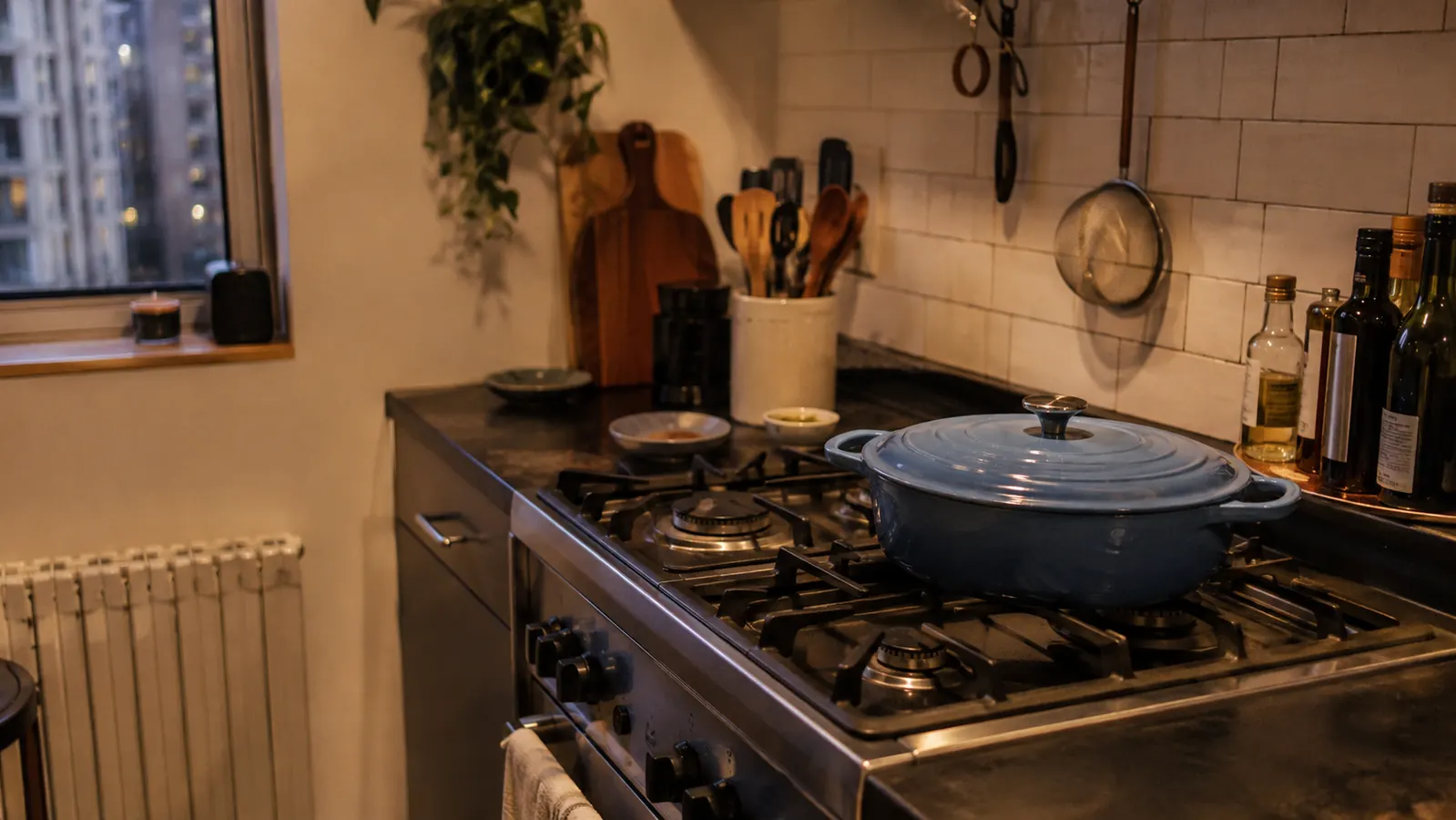 Cornflower blue Lodge enamel braiser sitting alone on a small stovetop in a compact kitchen