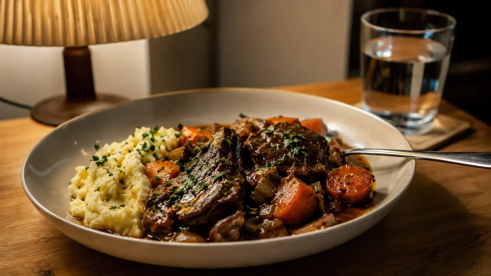 A shallow bowl of braised chicken and vegetables served on a small kitchen table at night