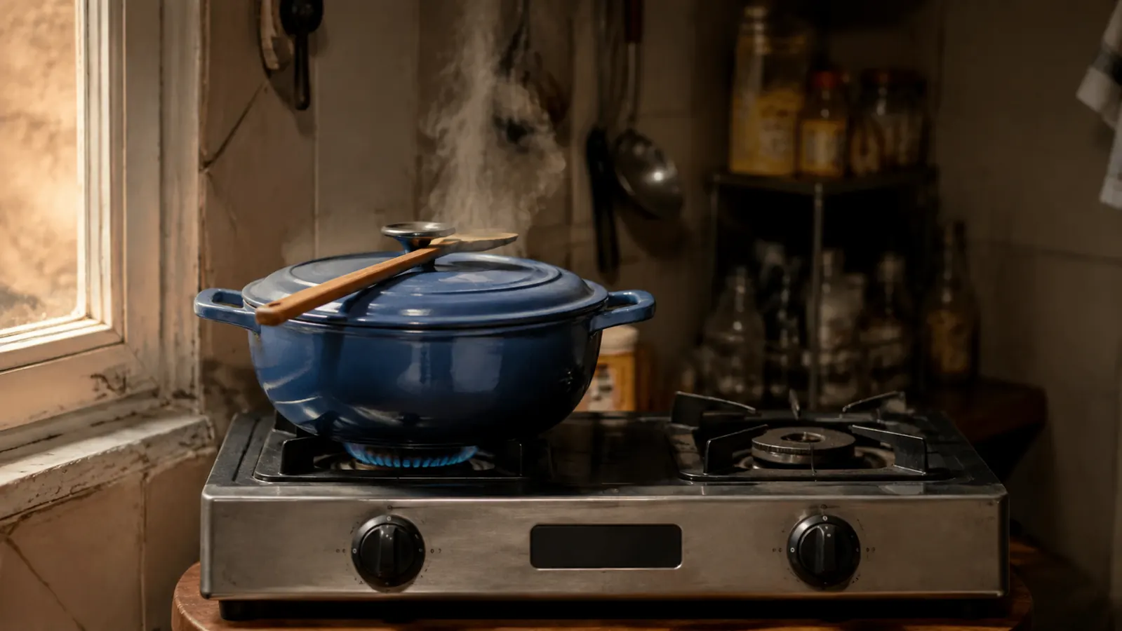 Cornflower blue Lodge enamel braiser on a small stovetop with a wooden spoon resting across the lid