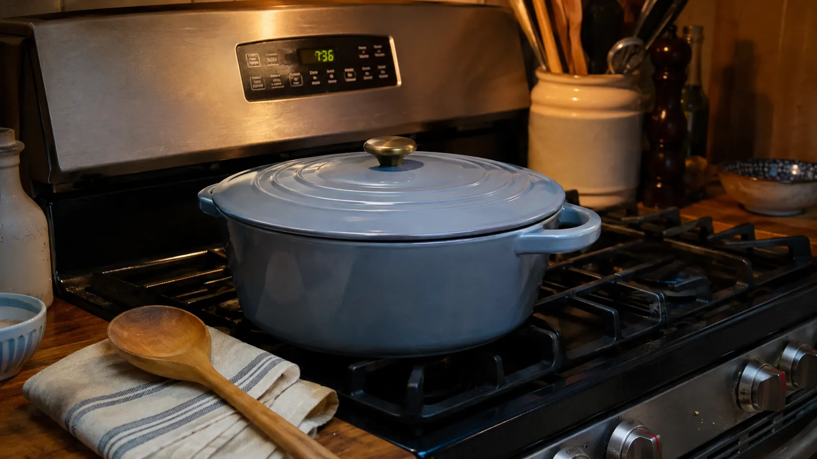 Cornflower blue Lodge Essential Enamel Braiser sitting on a small kitchen stovetop next to a wooden spoon
