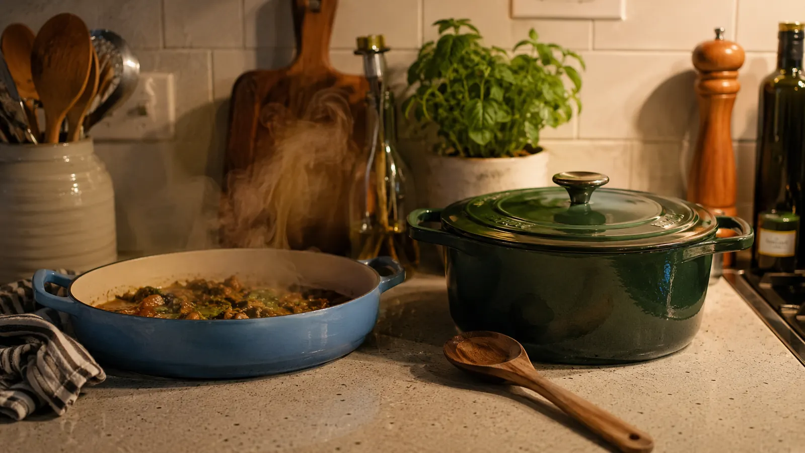 A compact enameled braiser and a larger Dutch oven sitting on a small kitchen counter side by side