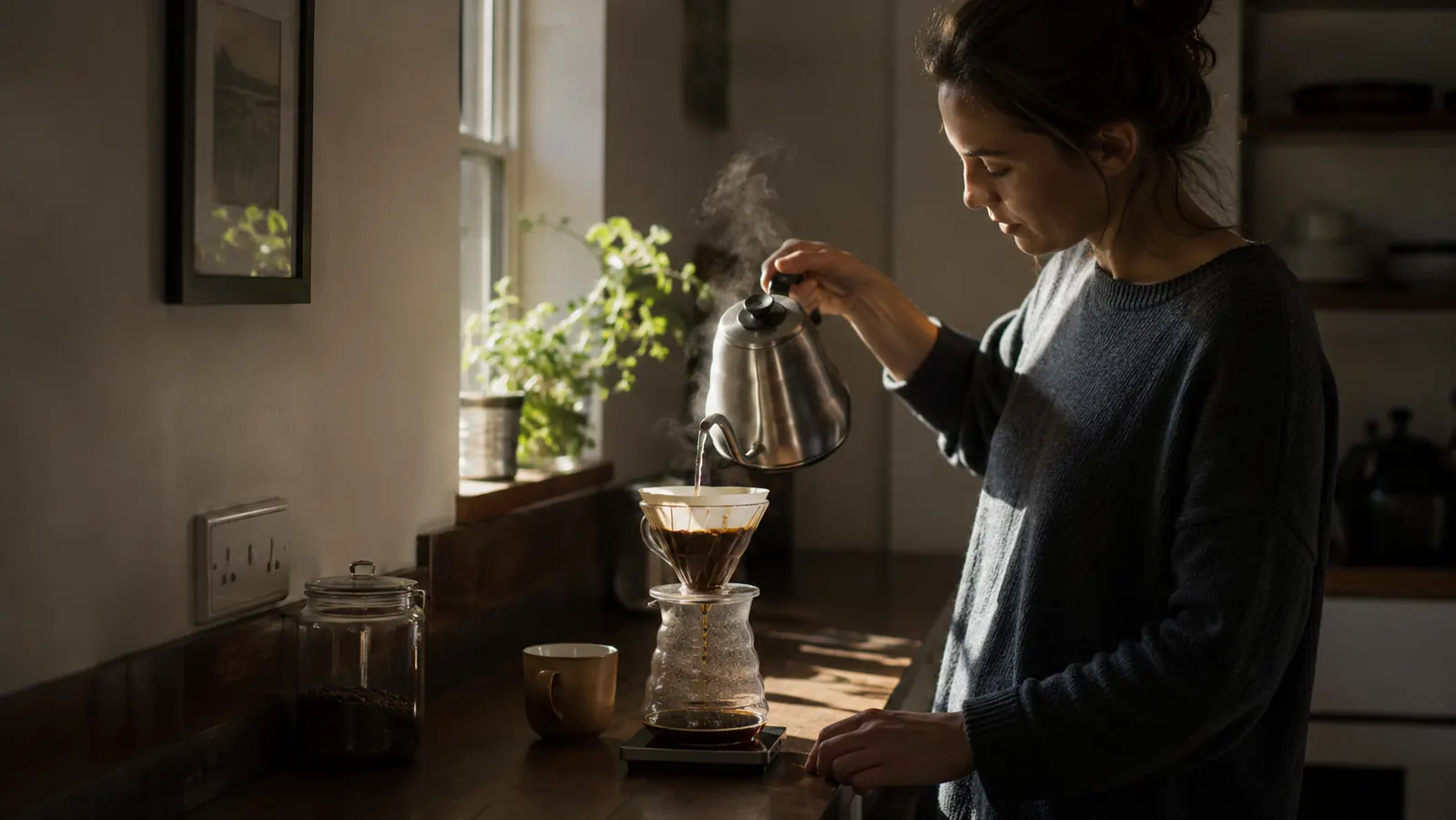 Gooseneck electric kettle pouring a thin stream of water over coffee grounds in a small kitchen at dawn