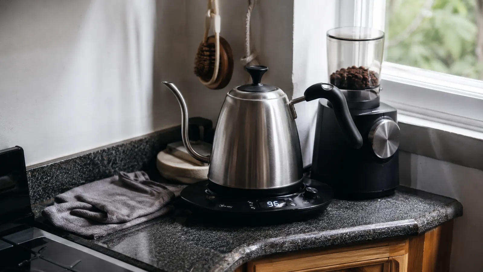 Willow and Everett stainless steel gooseneck kettle sitting on a small kitchen counter next to a coffee grinder