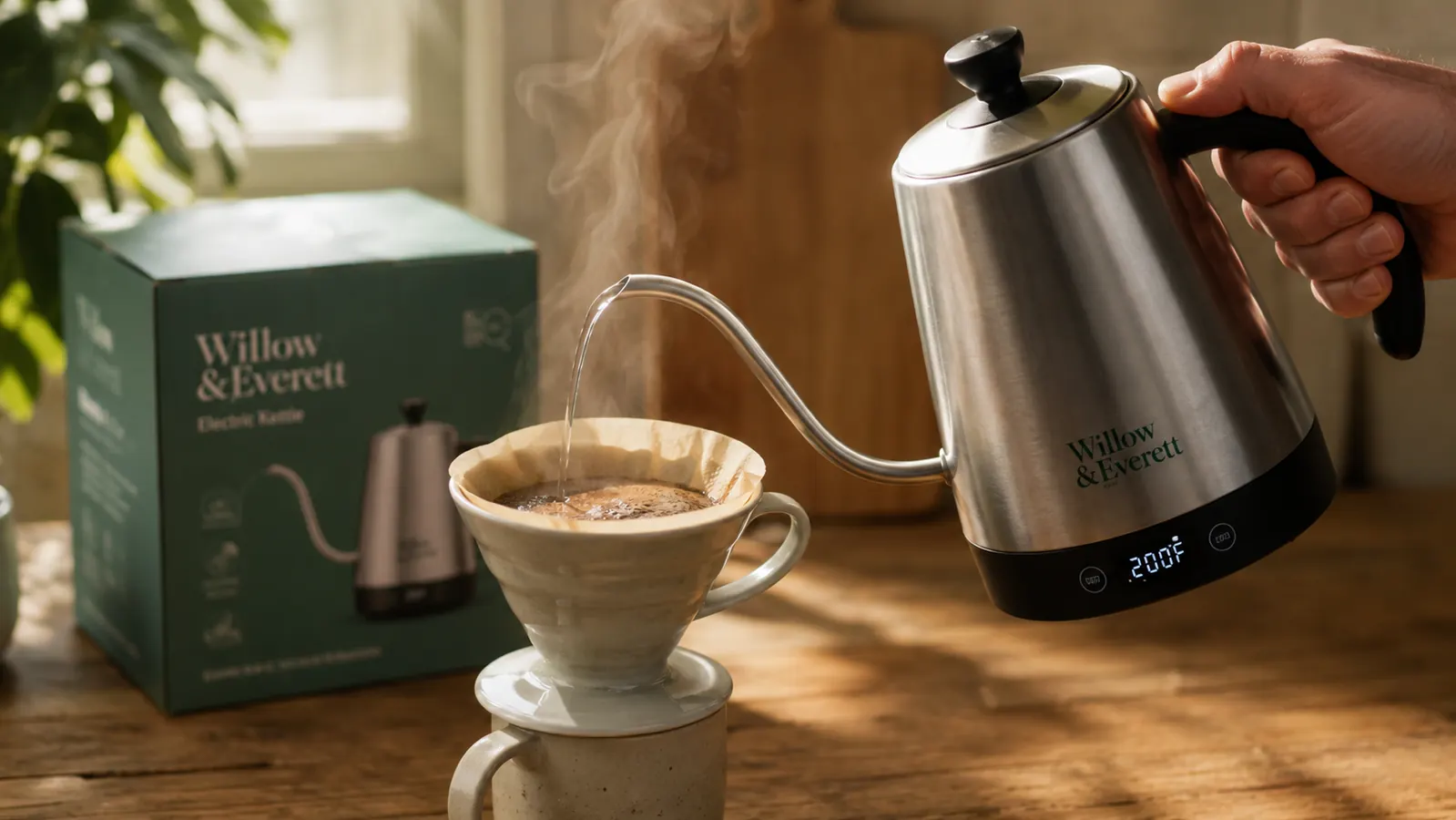 Hand pouring water in a slow thin stream from a stainless gooseneck kettle over a coffee dripper