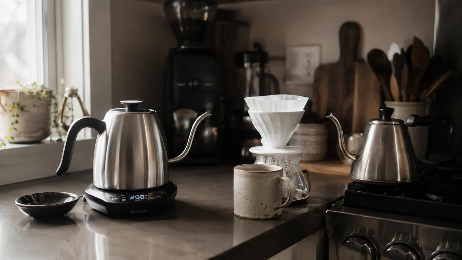 A digital gooseneck electric kettle and a plain stovetop gooseneck kettle sitting side by side on a small kitchen counter